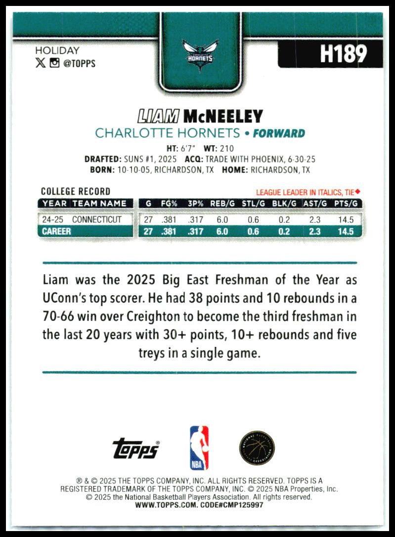 2025-26 Topps Holiday Silver Glitter Holiday #H189 Liam McNeeley Rookie