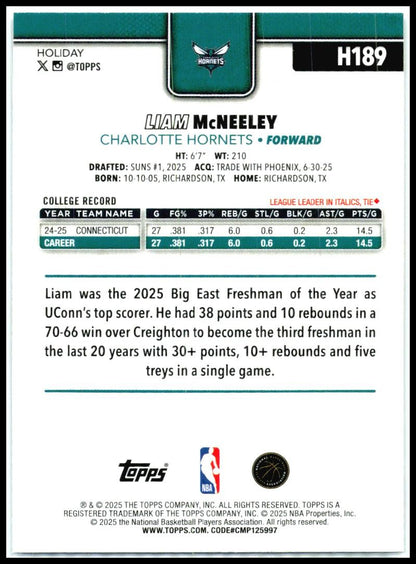 2025-26 Topps Holiday Silver Glitter Holiday #H189 Liam McNeeley Rookie