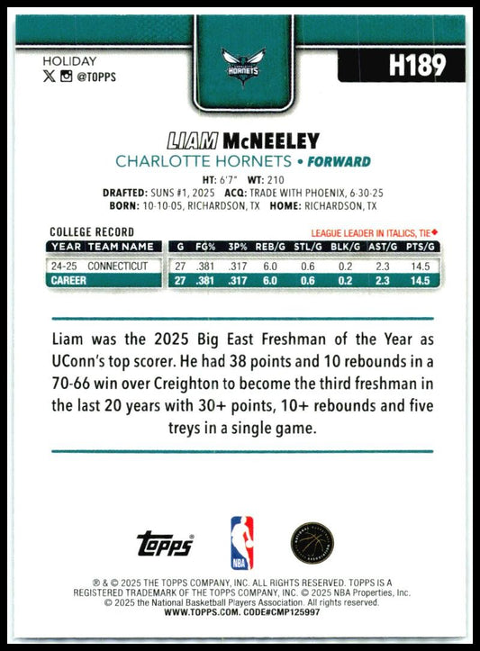 2025-26 Topps Holiday Silver Glitter Holiday #H189 Liam McNeeley Rookie
