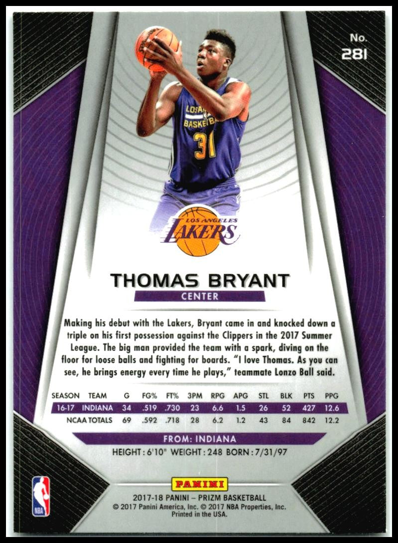 2017-18 Panini Prizm #281 Thomas Bryant Rookie Los Angeles Lakers