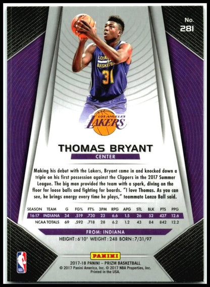 2017-18 Panini Prizm #281 Thomas Bryant Rookie Los Angeles Lakers