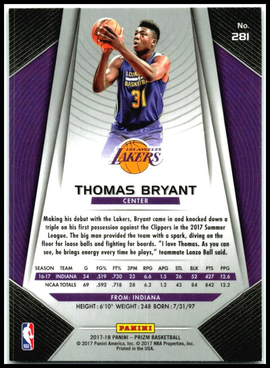 2017-18 Panini Prizm #281 Thomas Bryant Rookie Los Angeles Lakers