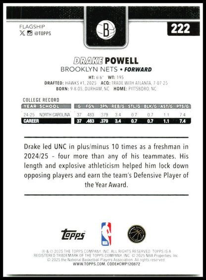 2025-26 Topps #222 Drake Powell Rookie Brooklyn Nets