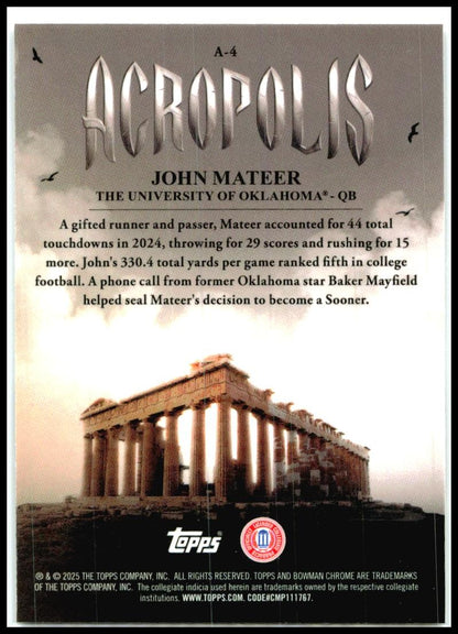 2025 Bowman Chrome University Acropolis #A-4 John Mateer Sooners