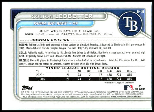 2024 Bowman Prospects Green Pattern #BP-124 Colton Ledbetter #/99 Tampa Bay Rays