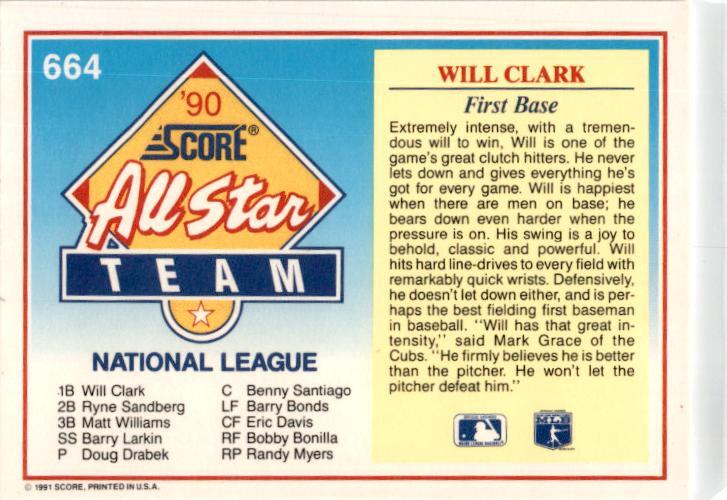 1991 Score #664 Will Clark San Francisco Giants