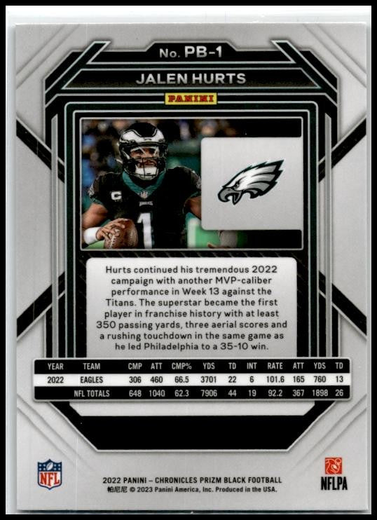 2022 Panini Chronicles Prizm Black #PB-1 Jalen Hurts Philadelphia Eagles
