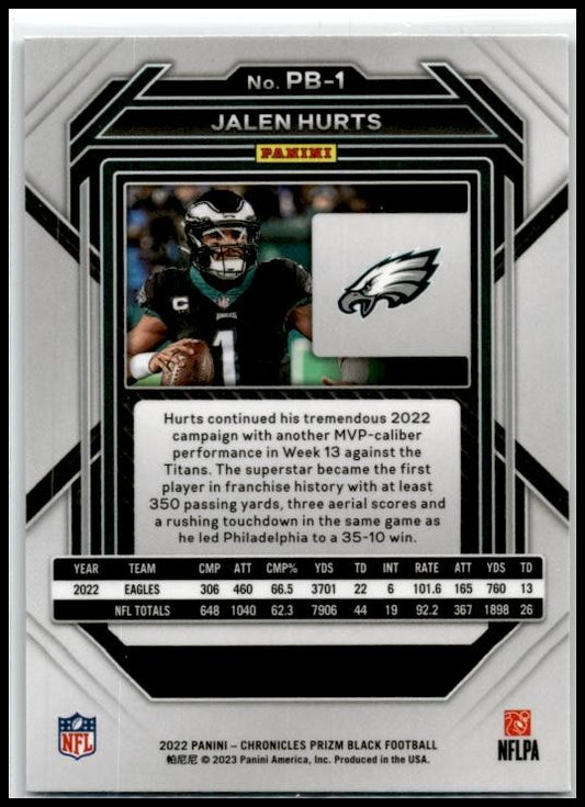 2022 Panini Chronicles Prizm Black #PB-1 Jalen Hurts Philadelphia Eagles