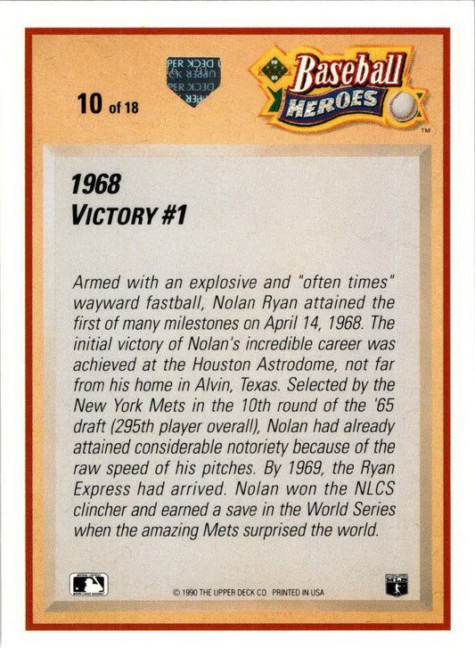 1991 Upper Deck Baseball Heroes: Nolan Ryan #10 Nolan Ryan New York Mets