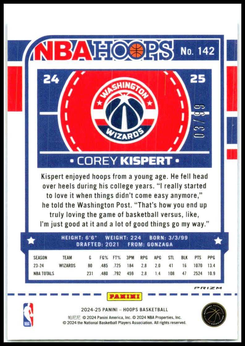 2024-25 Hoops Blue Scope #142 Corey Kispert #/99 Washington Wizards