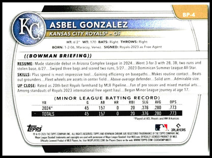 2025 Bowman Prospects #BP-4 Asbel Gonzalez Kansas City Royals