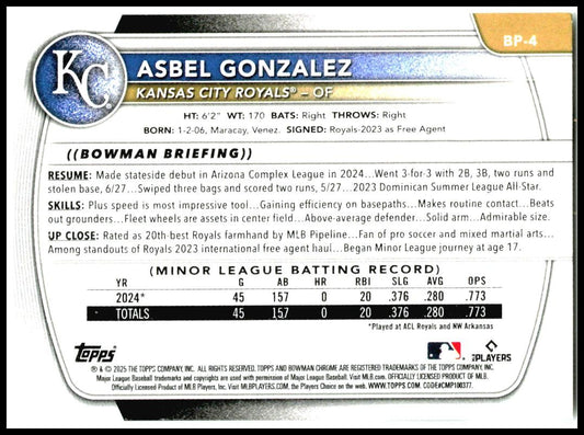 2025 Bowman Prospects #BP-4 Asbel Gonzalez Kansas City Royals