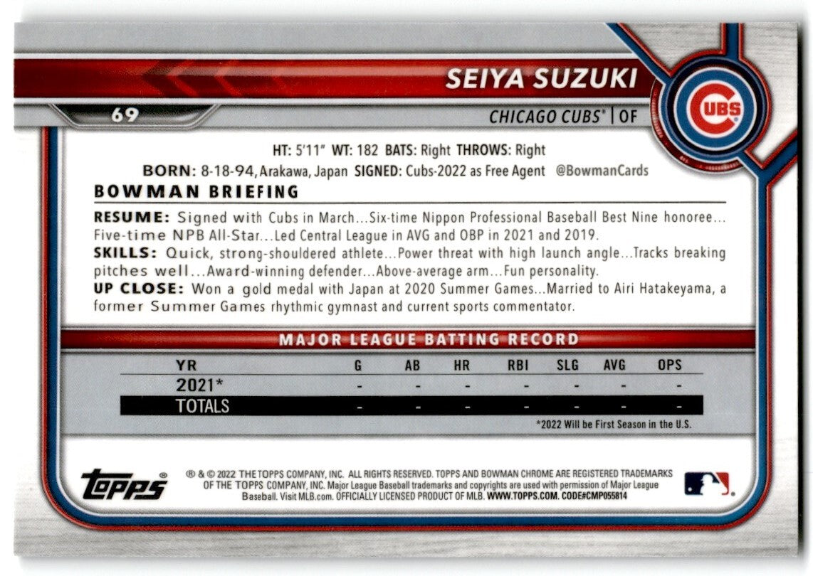 2022 Bowman Chrome Seiya Suzuki Rookie Chicago Cubs #69