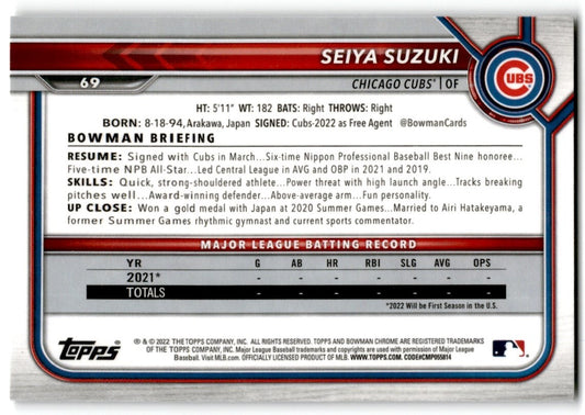 2022 Bowman Chrome Seiya Suzuki Rookie Chicago Cubs #69