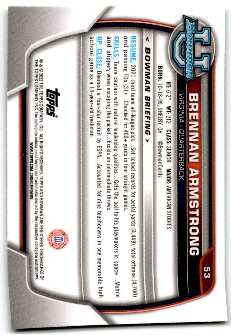 2022 bowman chrome university Brennan Armstong Virginia Cavaliers #53