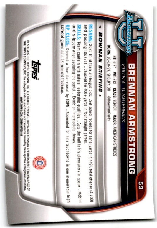 2022 bowman chrome university Brennan Armstong Virginia Cavaliers #53