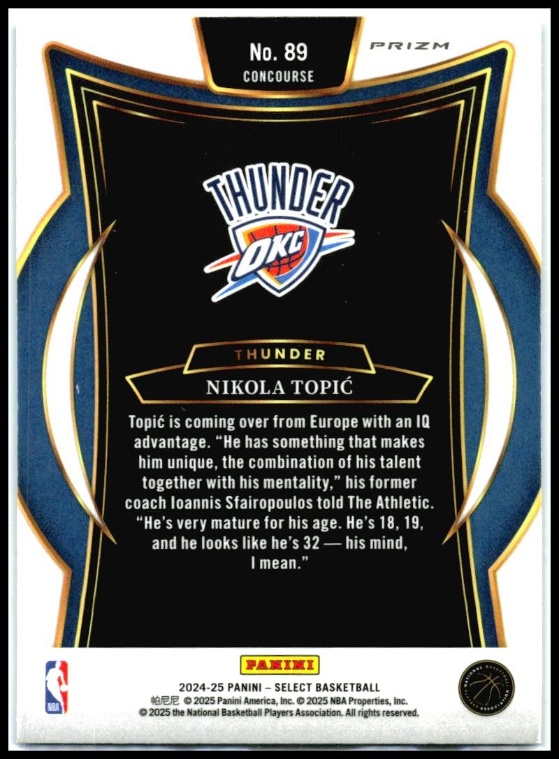 2024-25 Panini Select Blue #89 Nikola Topic Rookie Oklahoma City Thunder