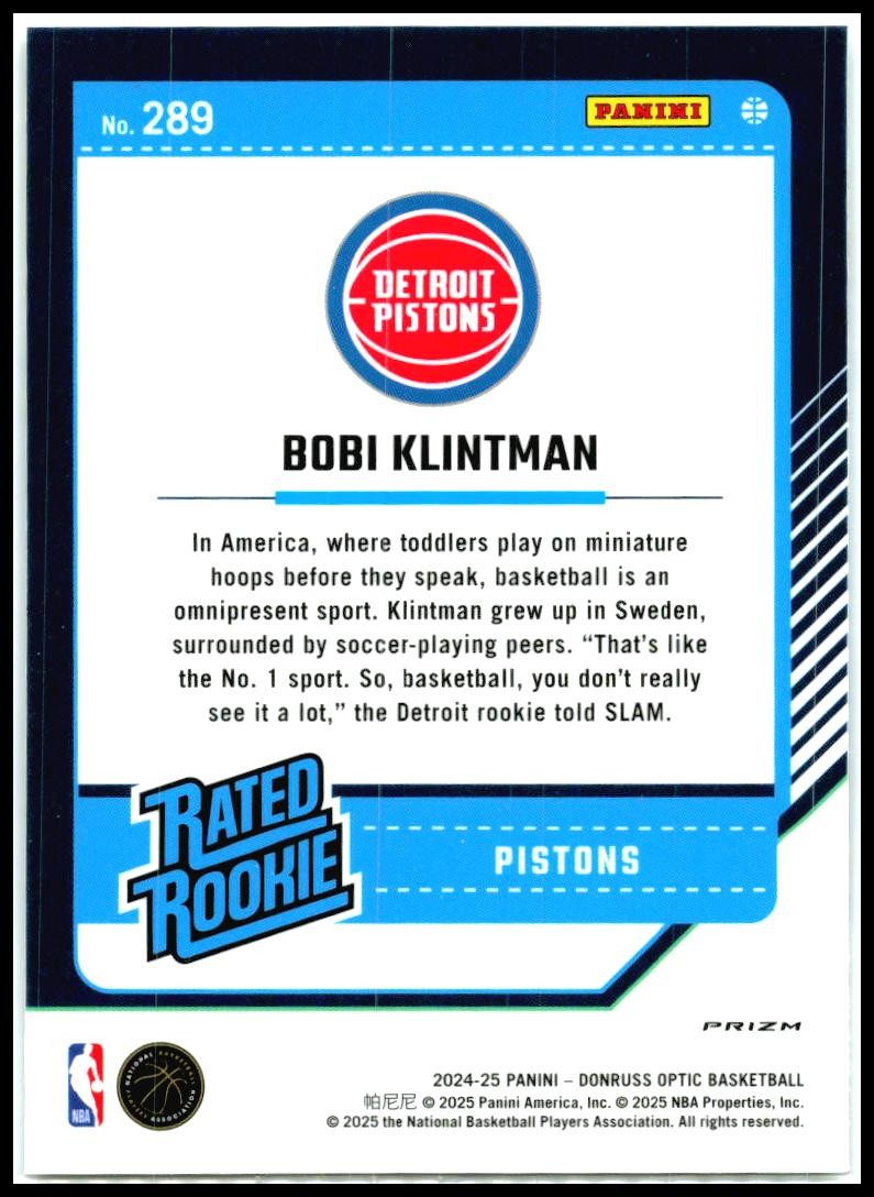 2024-25 Donruss Optic Holo #289 Bobi Klintman Rookie Detroit Pistons
