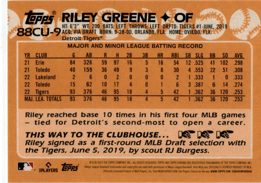 2023 Topps Chrome Update #88CU-9 Riley Greene Tigers