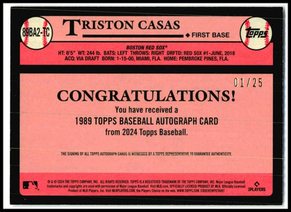 2024 Topps 1989 Topps 35th Anniversary Auto Red # Triston Casas Auto Red Sox