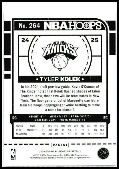 2024-25 Hoops Blue Scope #264 Tyler Kolek Rookie #/99 New York Knicks