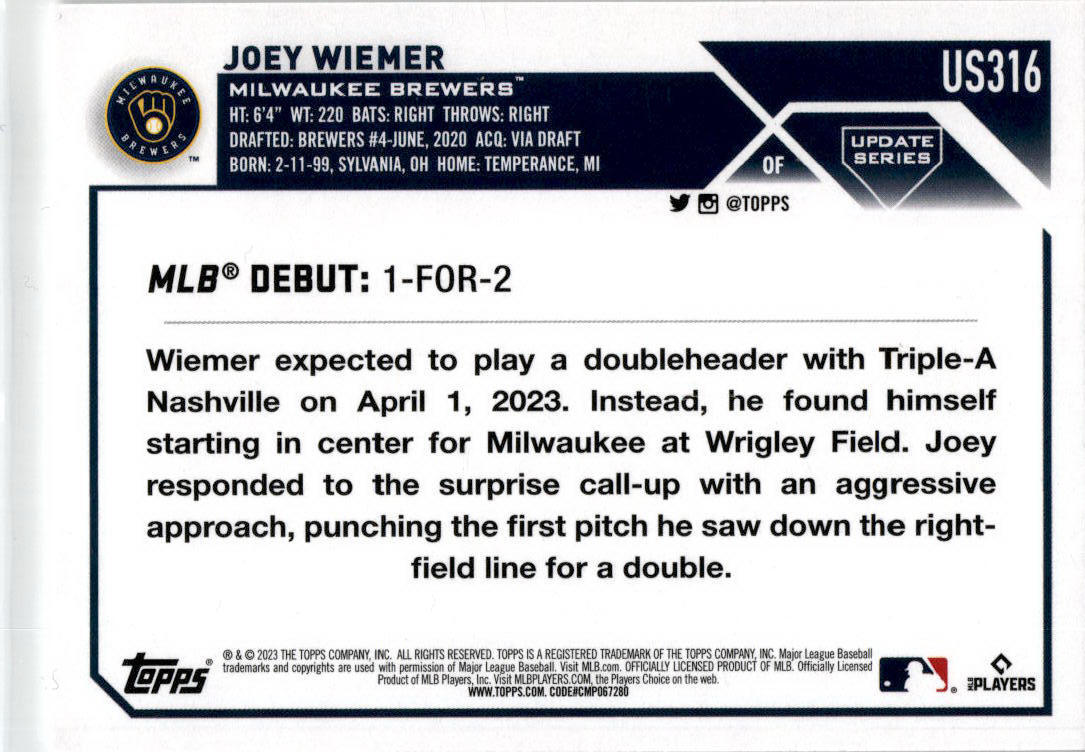 2023 Topps Update #US316 Joey Wiemer Milwaukee Brewers
