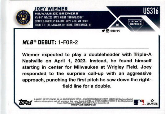 2023 Topps Update #US316 Joey Wiemer Milwaukee Brewers