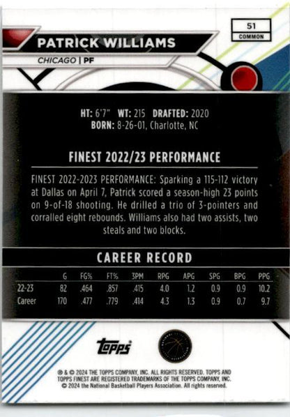 2023-24 Topps Finest Xfractor #51 Patrick Williams Chicago Bulls