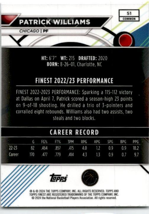 2023-24 Topps Finest Xfractor #51 Patrick Williams Chicago Bulls