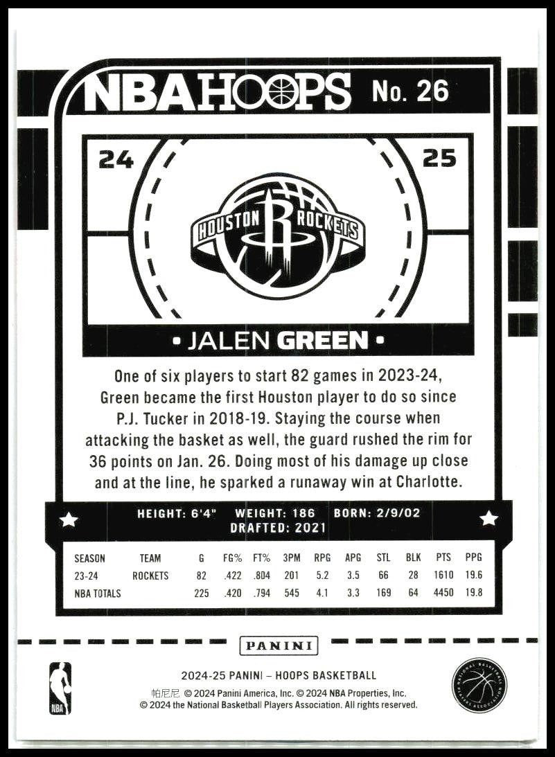 2024-25 Hoops Purple #26 Jalen Green Houston Rockets