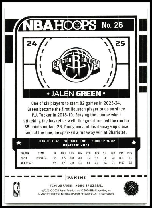 2024-25 Hoops Purple #26 Jalen Green Houston Rockets