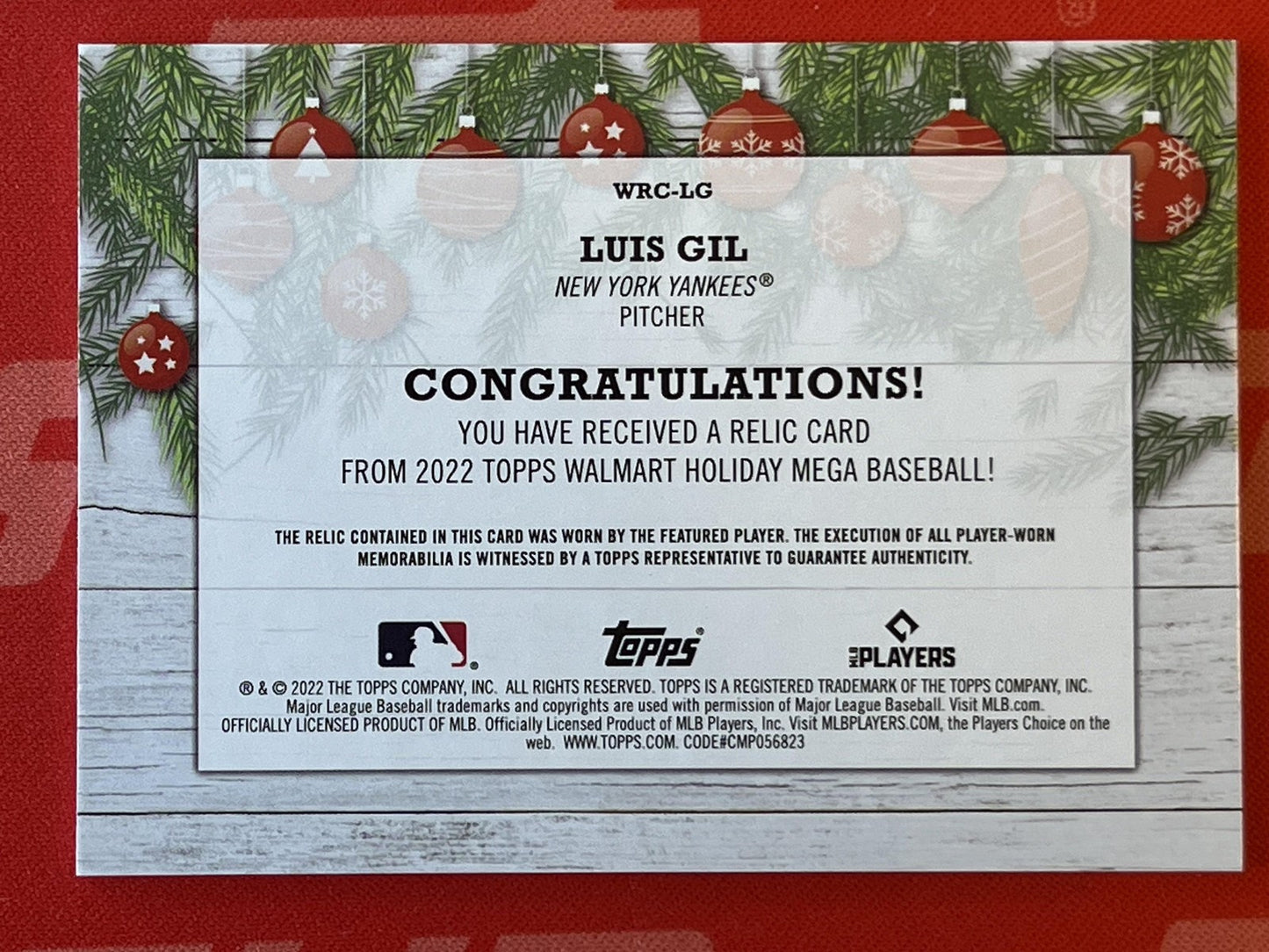 2022 Topps Holiday Relics #WRC-LG Luis Gil New York Yankees