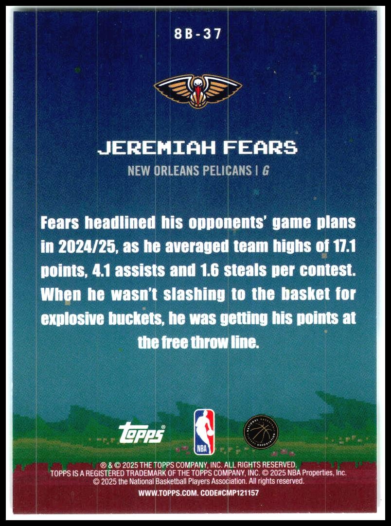 2025-26 Topps 8-Bit Ballers #8B-37 Jeremiah Fears New Orleans Pelicans