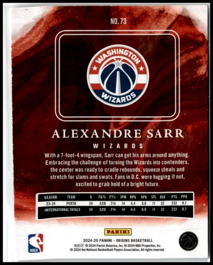 2024-25 Panini Origins #73 Alexandre Sarr Washington Wizards