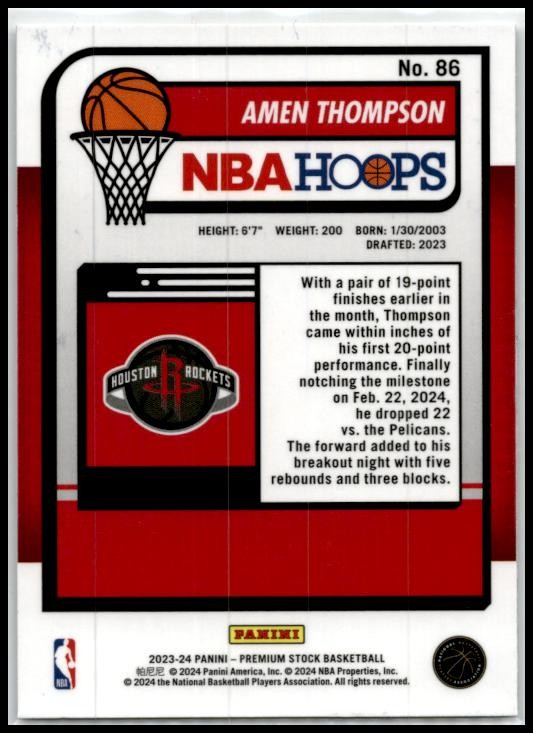 2023-24 Panini Premium Stock #86 Amen Thompson Houston Rockets