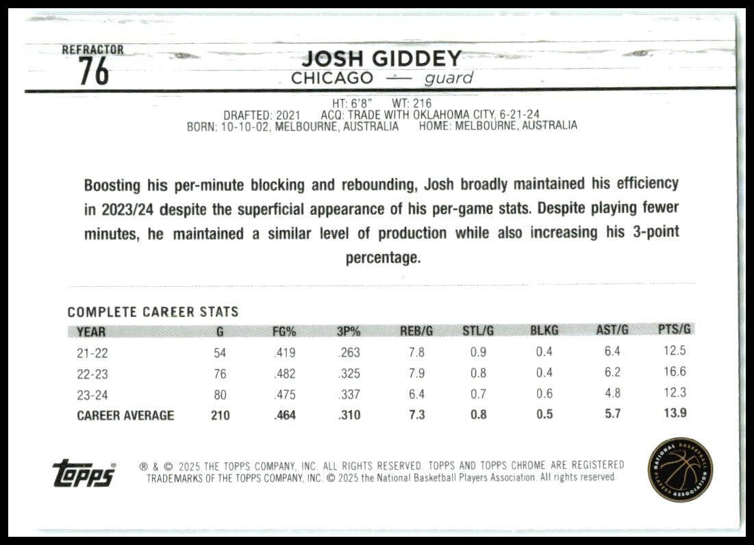 2024-25 Topps Chrome Refractor #76 Josh Giddey Chicago Bulls