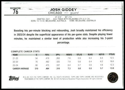 2024-25 Topps Chrome Refractor #76 Josh Giddey Chicago Bulls