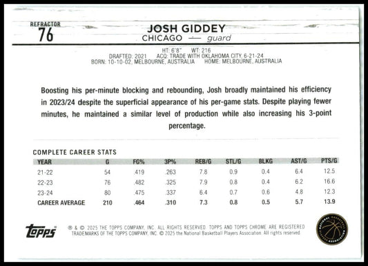 2024-25 Topps Chrome Refractor #76 Josh Giddey Chicago Bulls