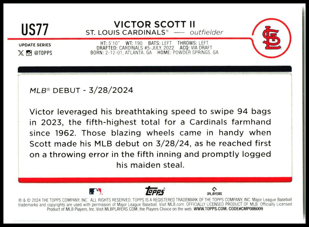 2024 Topps Update #US77 Victor Scott II St. Louis Cardinals