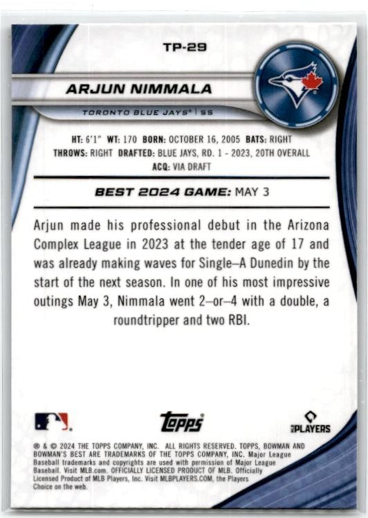 2024 Bowman's Best Prospects Purple Refractors #TP-29 Arjun Nimmala Blue Jays