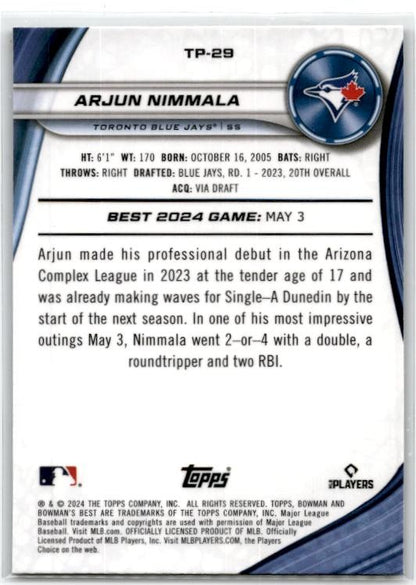 2024 Bowman's Best Prospects Purple Refractors #TP-29 Arjun Nimmala Blue Jays