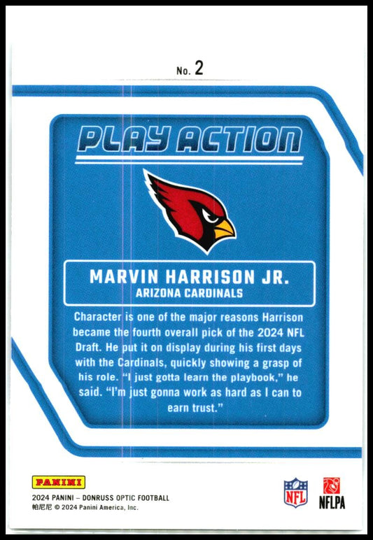 2024 Donruss Optic Play Action #2 Marvin Harrison Jr. Arizona Cardinals