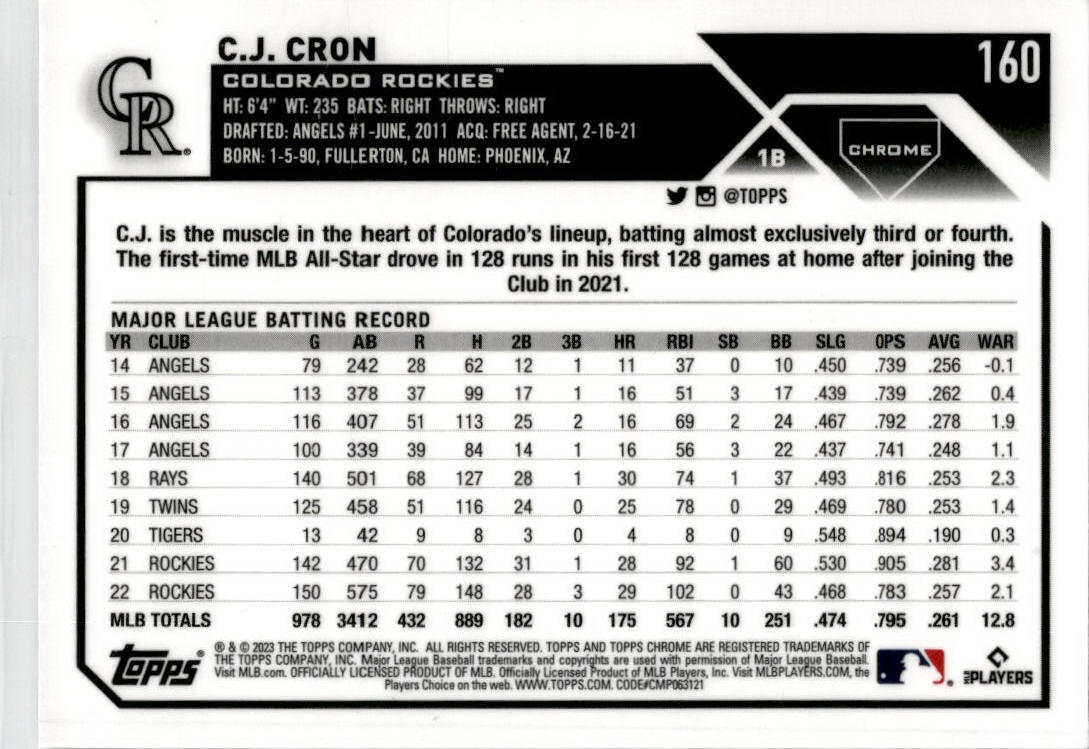 2023 Topps Chrome Purple Sonar Refractor #160 C.J. Cron #/275 Colorado Rockies