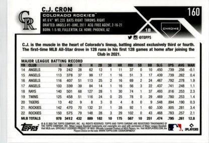 2023 Topps Chrome Purple Sonar Refractor #160 C.J. Cron #/275 Colorado Rockies