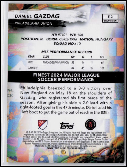 2024 Finest MLS #112 Dániel Gazdag Neon Green Refractor #/99