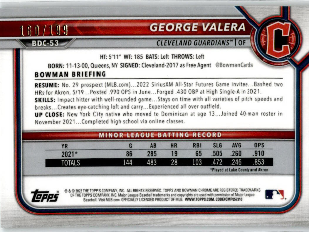 2022 Bowman Draft Chrome Aqua Lava #BDC-53 George Valera /199 Guardians
