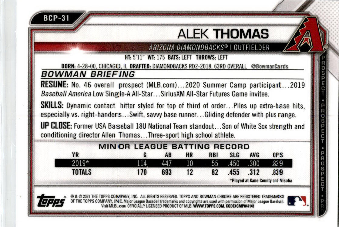 2021 Bowman Chrome Blue Refractor #BCP-31 Alek Thomas 071/150  Arizona