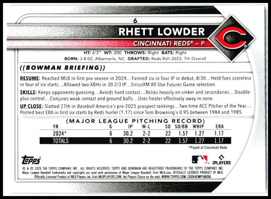 2025 Bowman Fuchsia #6 Rhett Lowder Rookie #/299 Cincinnati Reds
