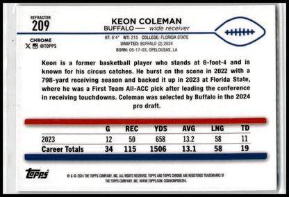 2024 Topps Chrome Refractor #209 Keon Coleman Rookie Buffalo Bills