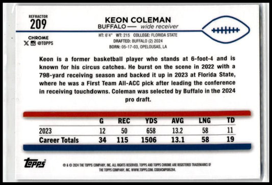 2024 Topps Chrome Refractor #209 Keon Coleman Rookie Buffalo Bills